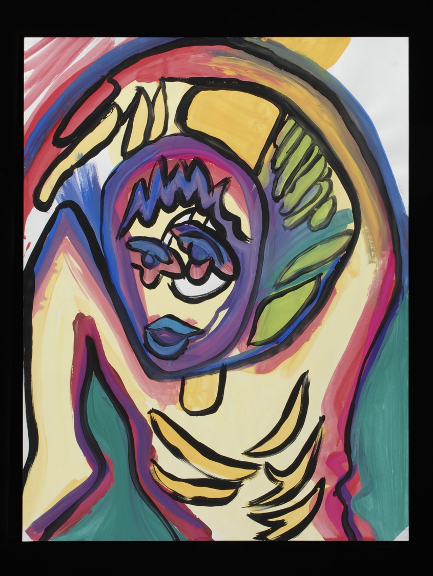 Colorful moving figure, Unfinished by Cindy Trawinski (2005) Tempera on Litho Paper,
