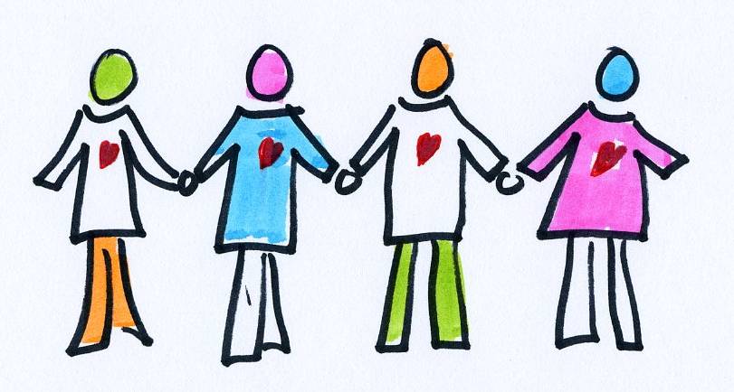 colorful figures holding hands, polyamory